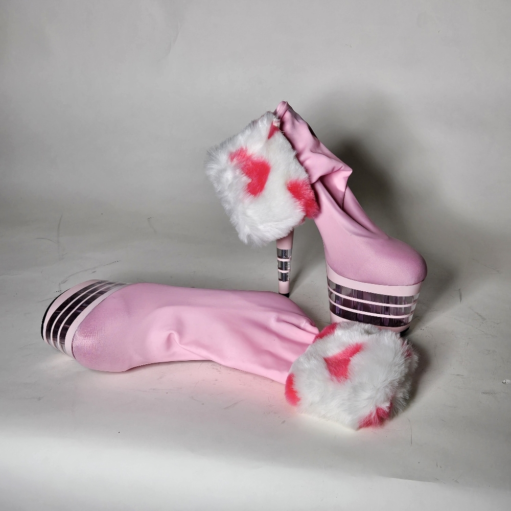 Karo's Shoes 6.5 inch Platforms. Baby pink nylon. Size 7